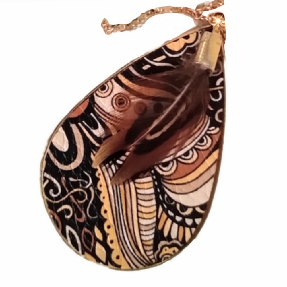 Safari Pattern Gold Colored Teardrop Pendant w/ Brown Feathers